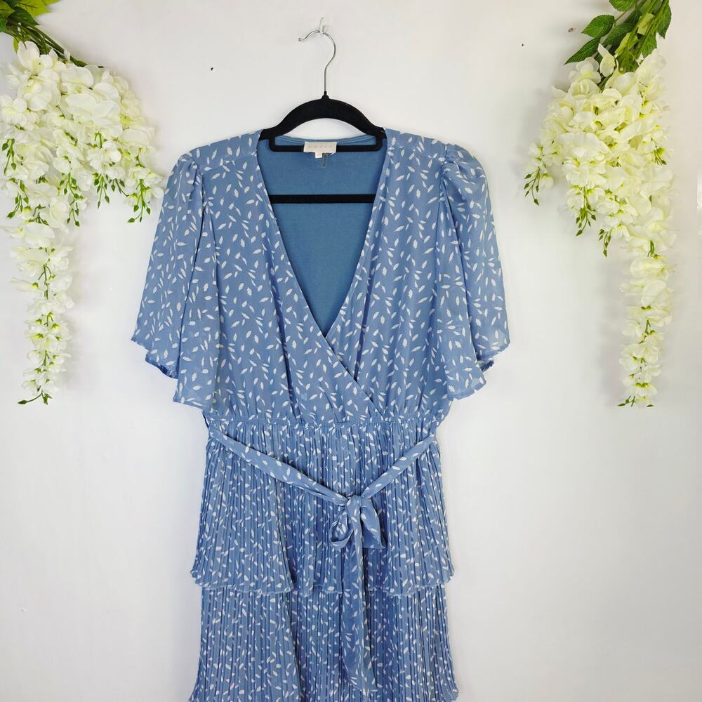 Entro Midi Tiered Dress Large Blue White Feather Pleated Flutter Sleeve Cottage - Picture 5 of 15